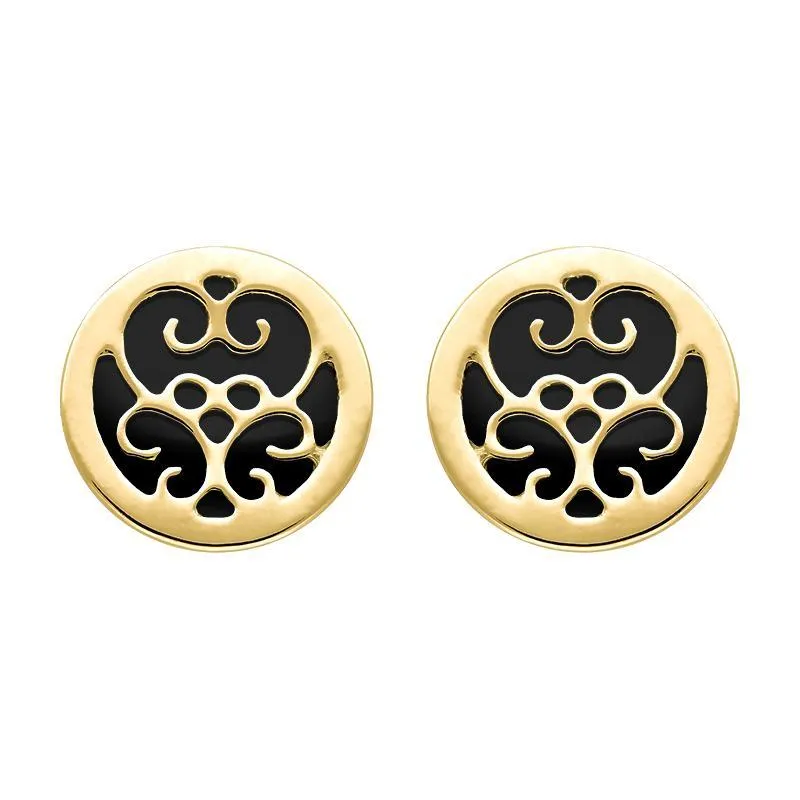 9ct Yellow Gold Whitby Jet Flore Filigree Stud Earrings sold by Jura Watches