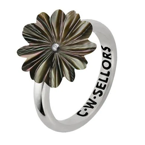 Sterling Silver Dark Mother of Pearl Tuberose 15mm Daisy Ring sold by Jura Watches