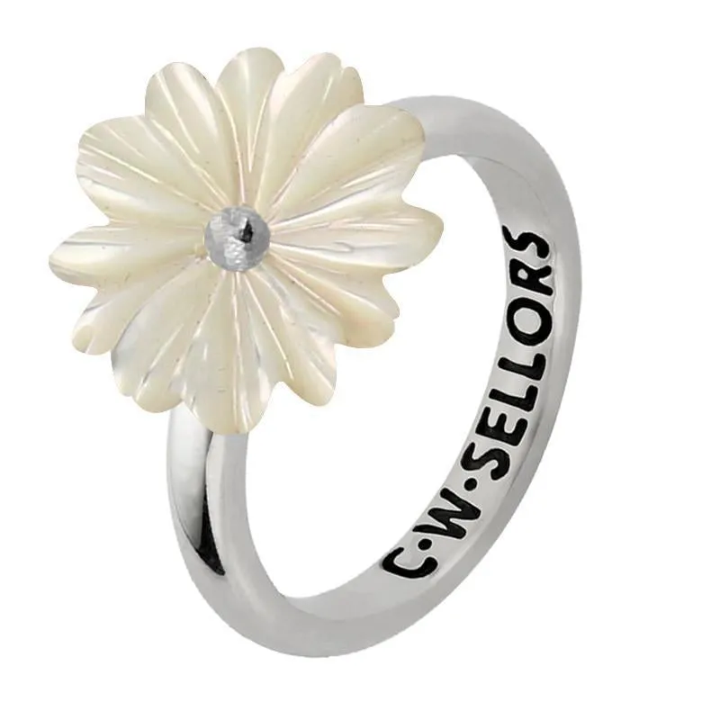 Sterling Silver White Mother of Pearl Tuberose 15mm Daisy Ring sold by Jura Watches