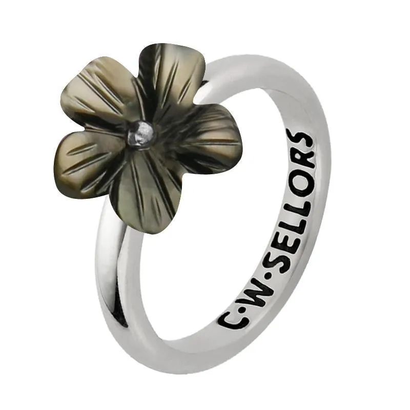 Sterling Silver Dark Mother of Pearl Tuberose 12mm Pansy Ring sold by Jura Watches