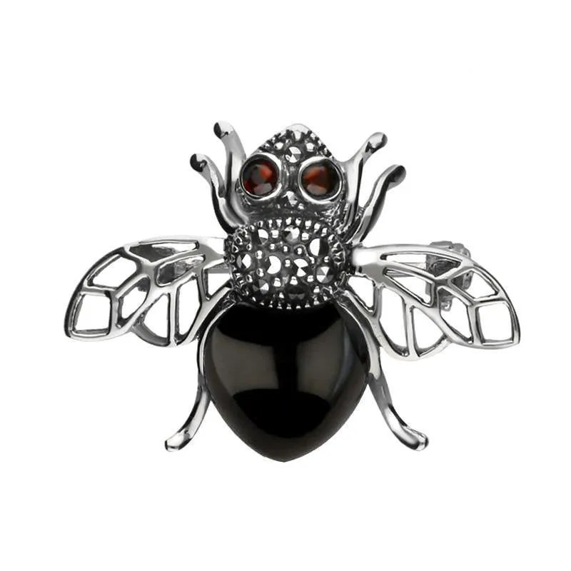 Sterling Silver Whitby Jet Marcasite Garnet Honey Bee Brooch sold by Jura Watches
