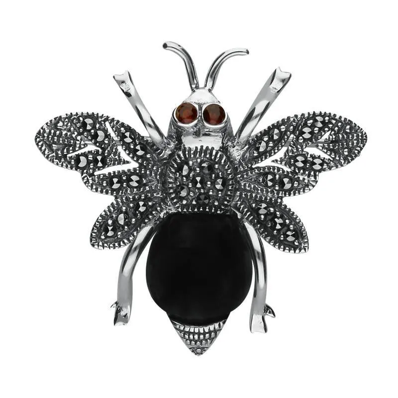 Sterling Silver Whitby Jet Marcasite Garnet Bee Brooch sold by Jura Watches