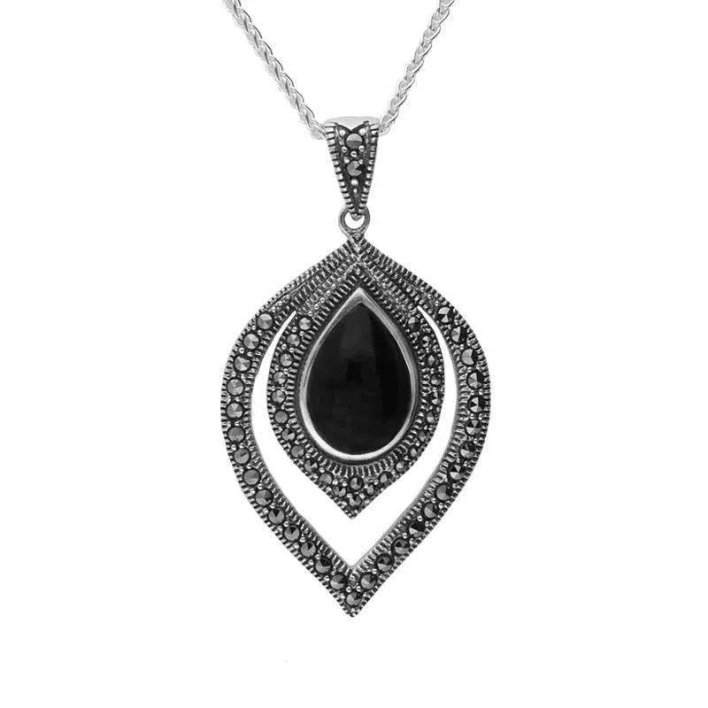 Sterling Silver Whitby Jet Marcasite Fancy Pear Necklace sold by Jura Watches