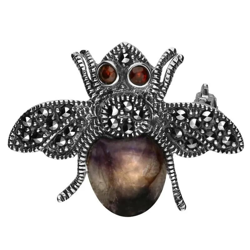 Sterling Silver Blue John Garnet and Marcasite Bee Brooch sold by Jura Watches