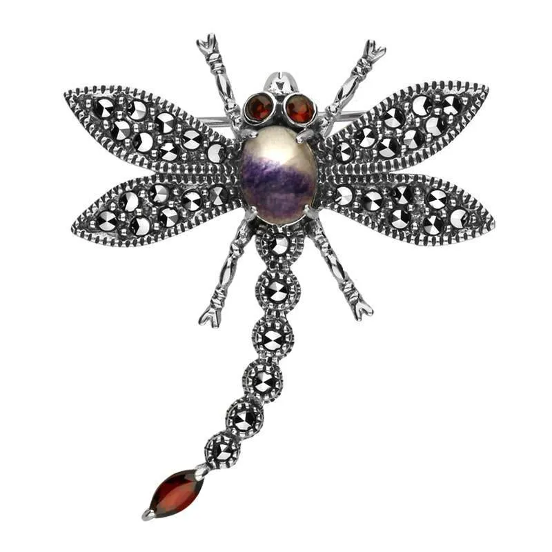 Sterling Silver Blue John Marcasite Garnet Style & Fashion Dragonfly Brooch sold by Jura Watches
