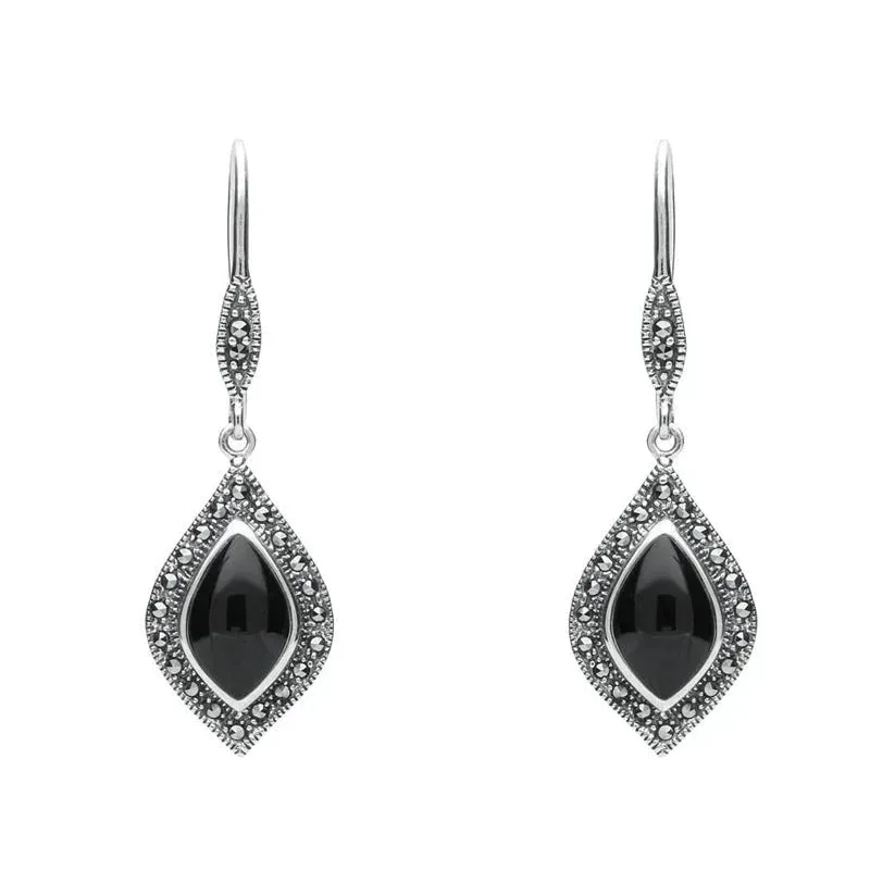 Sterling Silver Whitby Jet Marcasite Pointed Pear Hook Earrings sold by Jura Watches