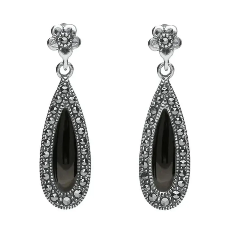 Sterling Silver Whitby Jet Marcasite Pear Drop Stud Earrings sold by Jura Watches