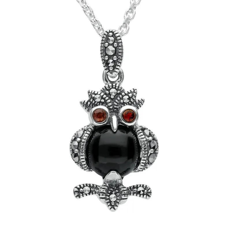 Sterling Silver Whitby Jet Marcasite Garnet Owl Necklace sold by Jura Watches