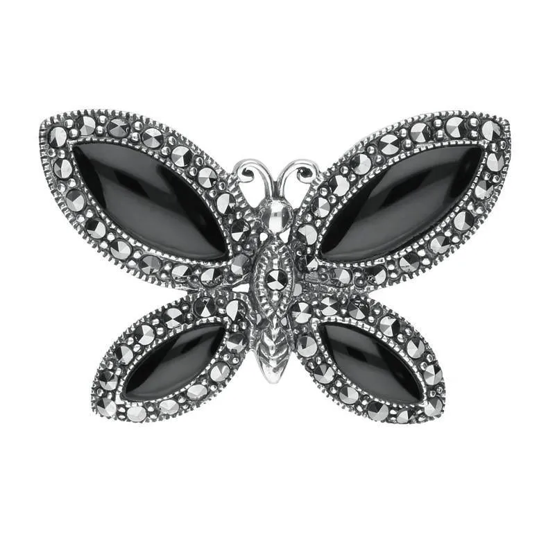Sterling Silver Whitby Jet Marcasite Vintage Butterfly Brooch sold by Jura Watches