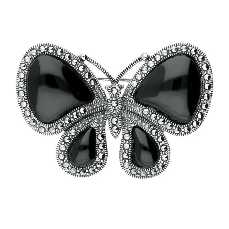 Sterling Silver Whitby Jet Marcasite Butterfly Brooch sold by Jura Watches