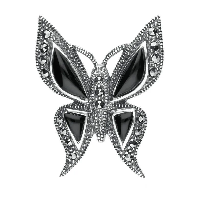 Sterling Silver Whitby Jet Marcasite Butterfly Brooch sold by Jura Watches