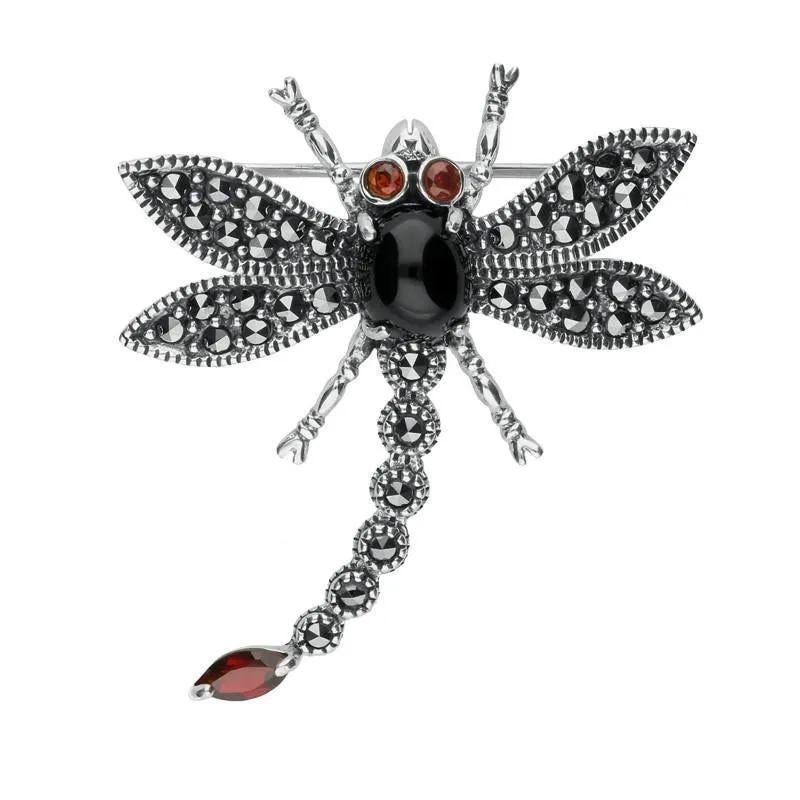 Sterling Silver Whitby Jet Marcasite Garnet Dragonfly Brooch sold by Jura Watches
