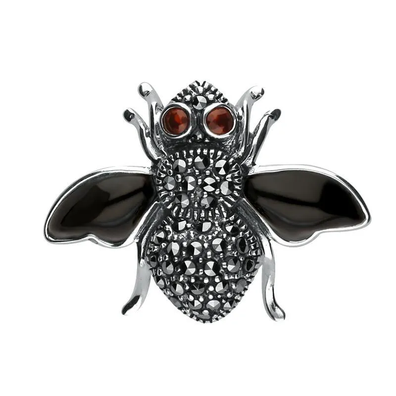 Sterling Silver Whitby Jet Wings Marcasite Garnet Bee Brooch sold by Jura Watches