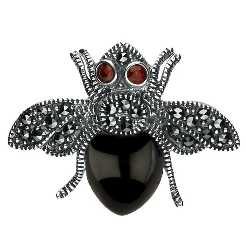 Sterling Silver Whitby Jet Marcasite Wings Garnet Bee Brooch sold by Jura Watches