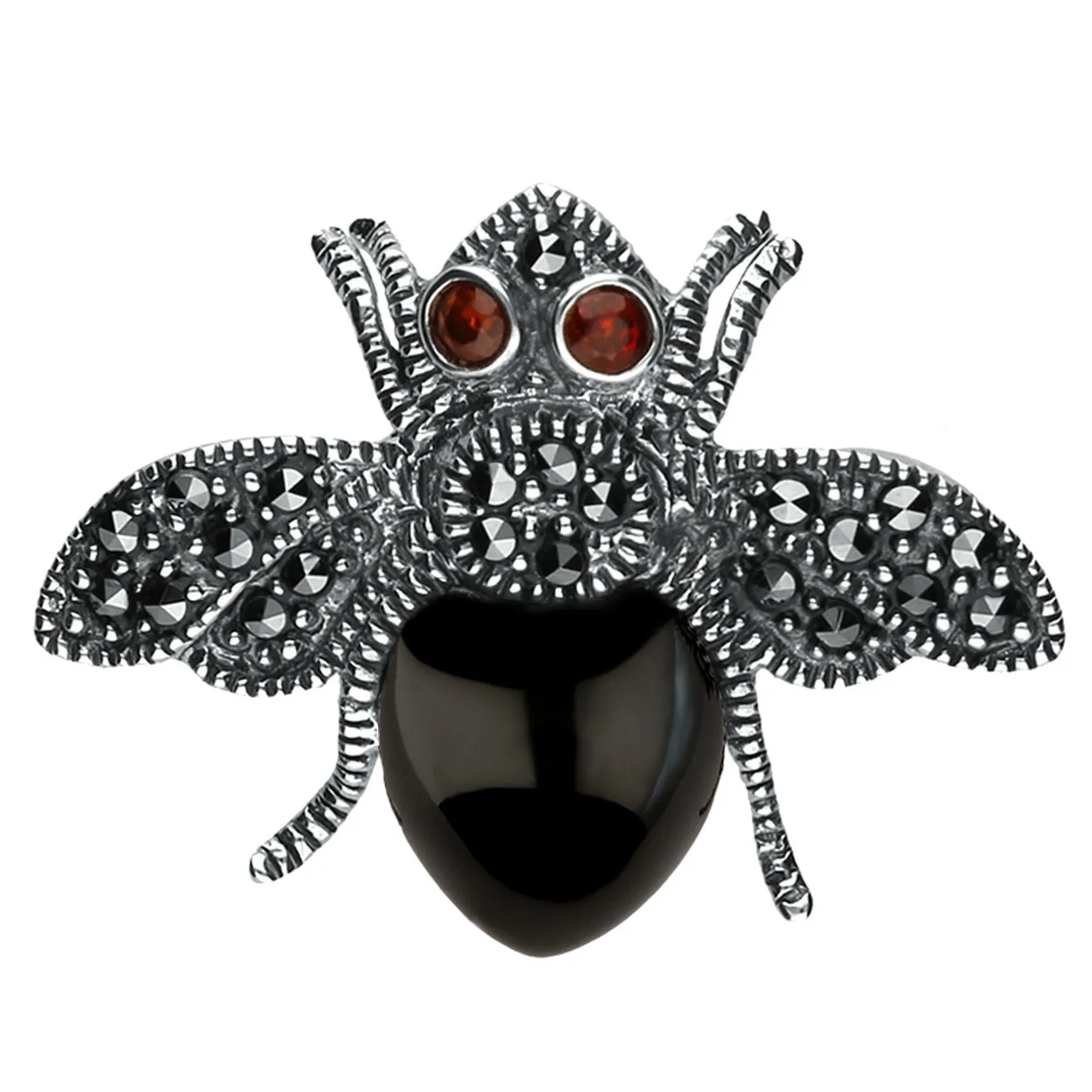 Sterling Silver Whitby Jet Marcasite Wings Garnet Bee Brooch sold by Jura Watches