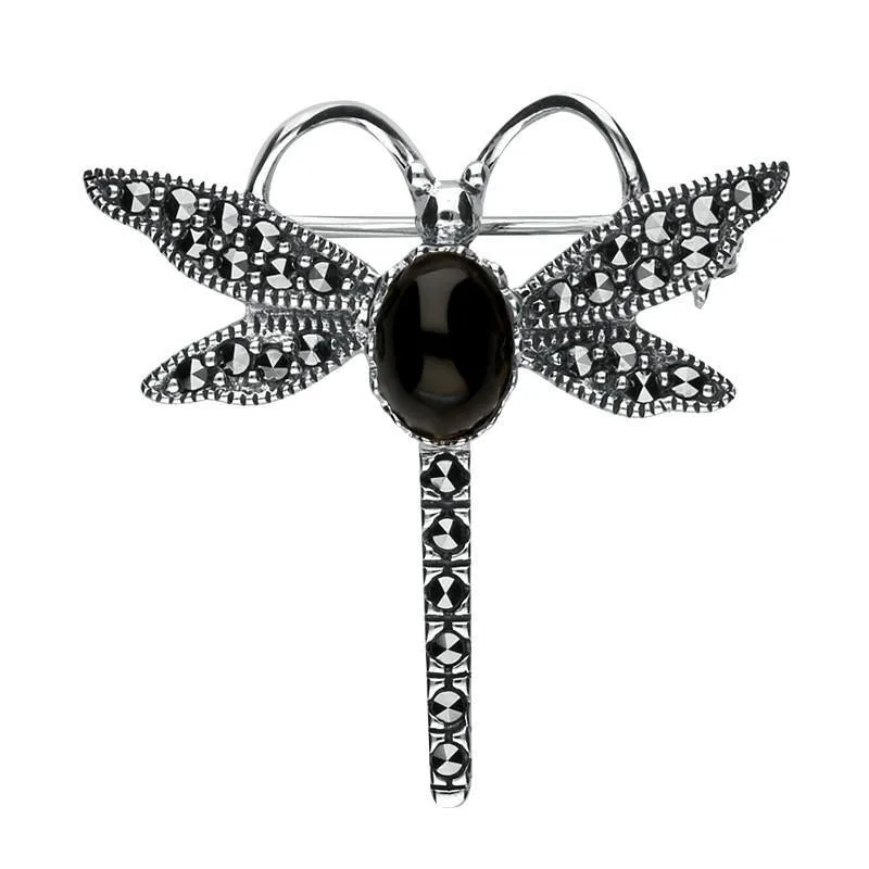 Sterling Silver Whitby Jet Marcasite Dragonfly Brooch sold by Jura Watches