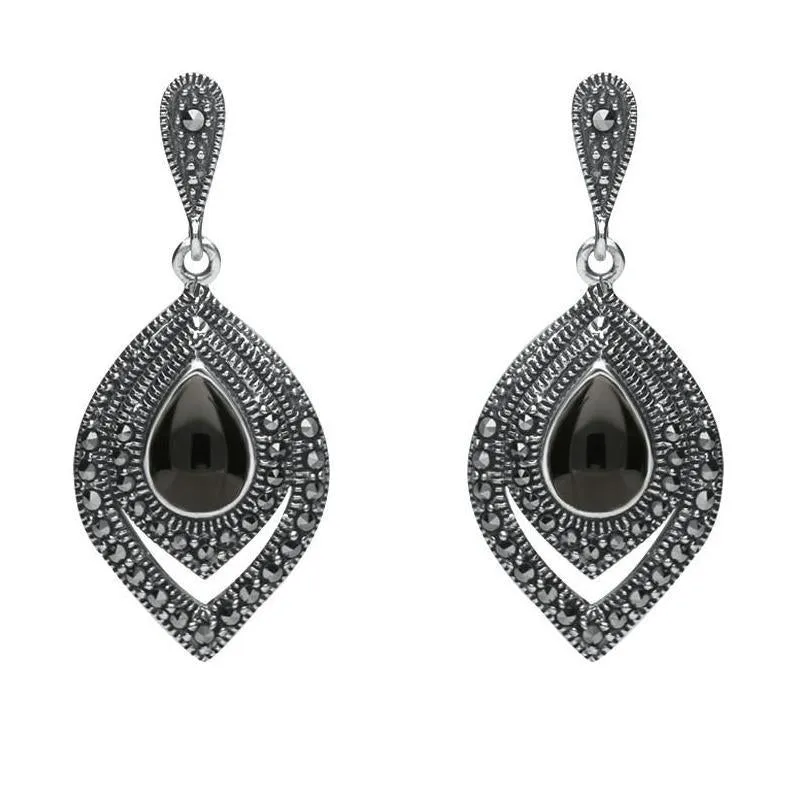Sterling Silver Whitby Jet Marcasite Fancy Pear Stud Earrings sold by Jura Watches