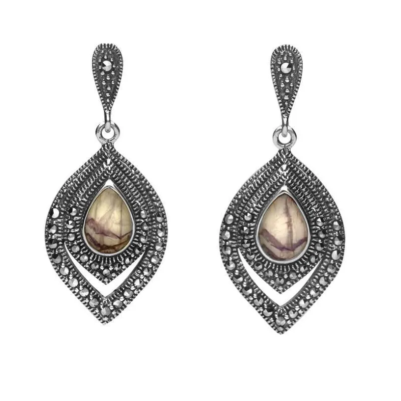 Sterling Silver Blue John Marcasite Fancy Pear Stud Earrings sold by Jura Watches