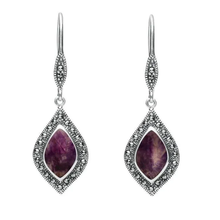 Sterling Silver Blue John Marcasite Pointed Pear Hook Earrings sold by Jura Watches