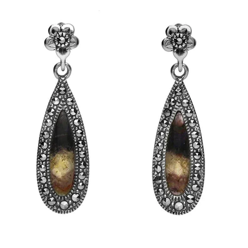 Sterling Silver Blue John Marcasite Pear Drop Stud Earrings sold by Jura Watches