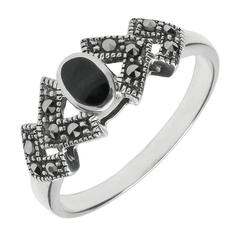 Sterling Silver Whitby Jet Marcasite Oval Triangle Ring sold by Jura Watches