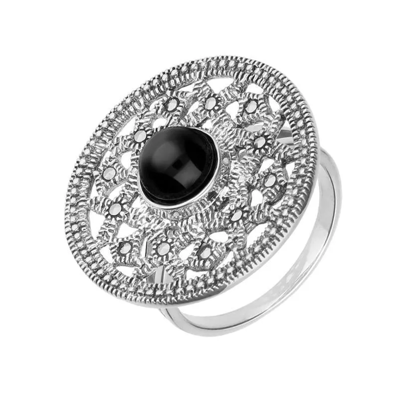 Sterling Silver Whitby Jet Marcasite Shield Ring sold by Jura Watches