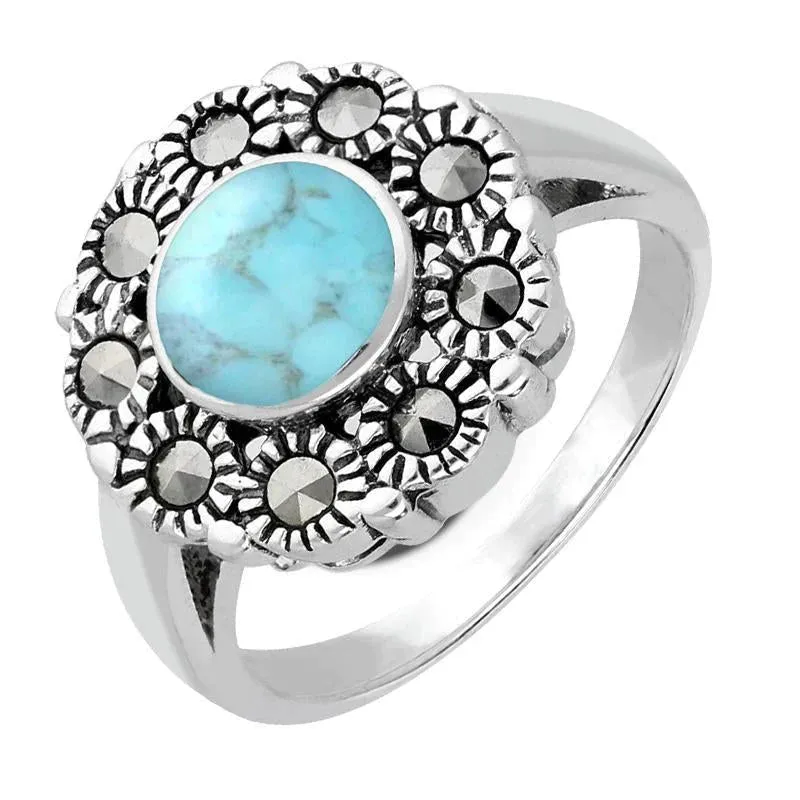 Sterling Silver Turquoise Vintage Round Centre Marcasite Ring sold by Jura Watches