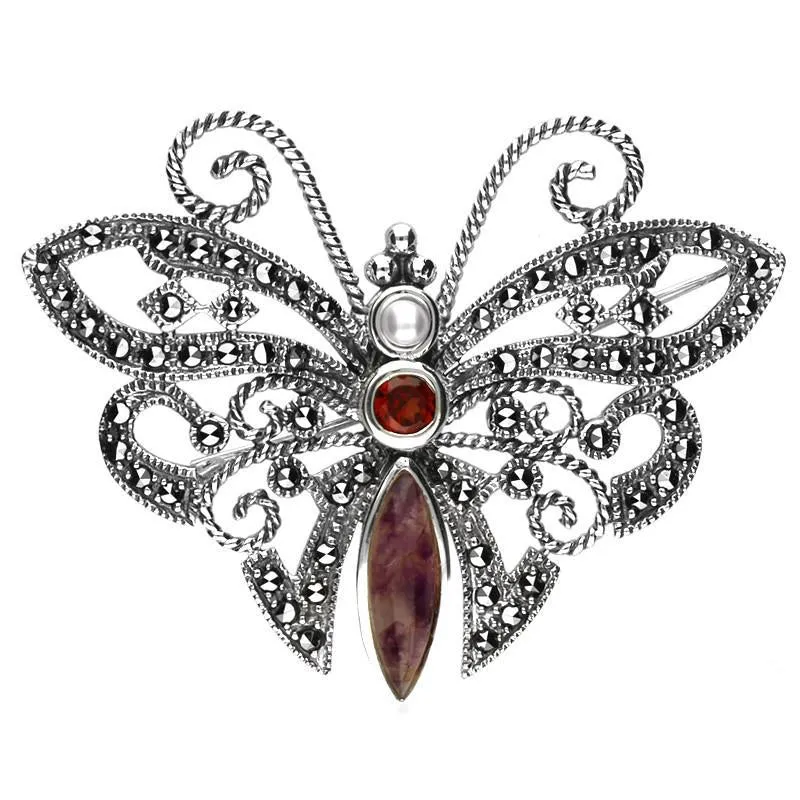 Sterling Silver Blue John Marcasite Garnet Pearl Style & Fashion Butterfly Brooch sold by Jura Watches