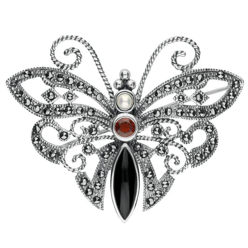 Sterling Silver Whitby Jet Marcasite Garnet Pearl Butterfly Brooch sold by Jura Watches