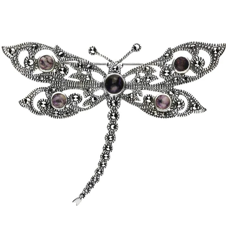 Sterling Silver Blue John Marcasite Five Stone Style & Fashion Dragonfly Brooch sold by Jura Watches