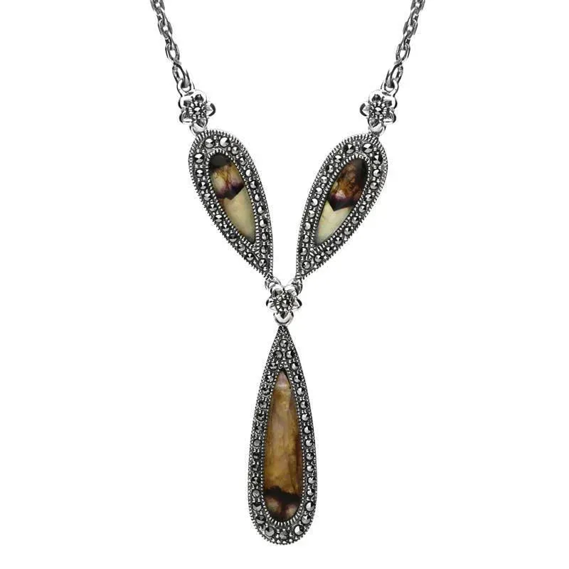 Sterling Silver Blue John Marcasite Three Pear Drop Necklace sold by Jura Watches