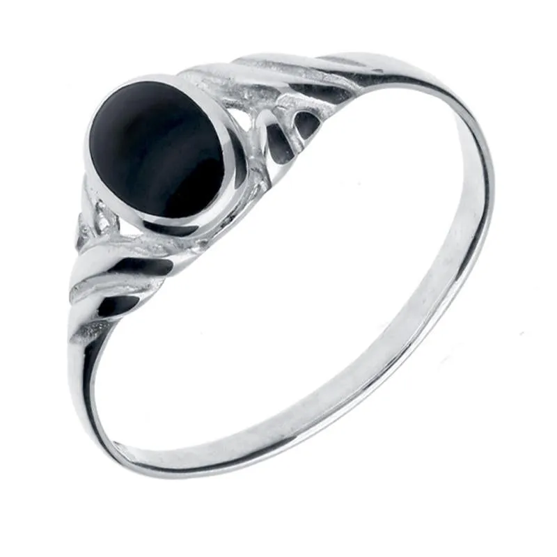 Sterling Silver Whitby Jet Small Carved Scroll Ring sold by Jura Watches
