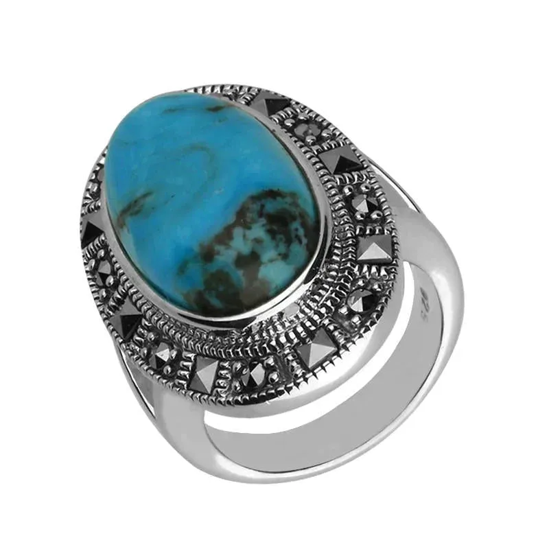 Sterling Silver Turquoise Marcasite Beaded Oval Ring sold by Jura Watches