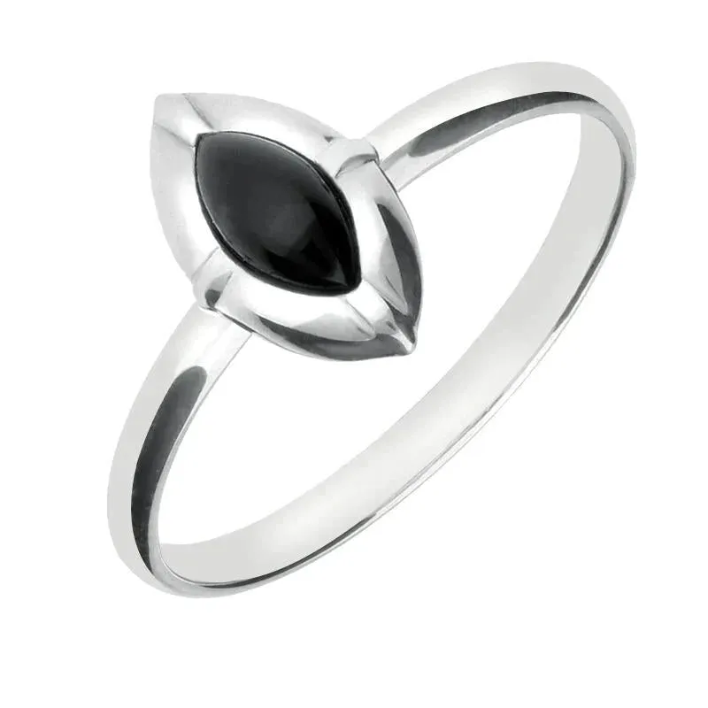 Sterling Silver Whitby Jet Marquise Beaded Edge Ring sold by Jura Watches