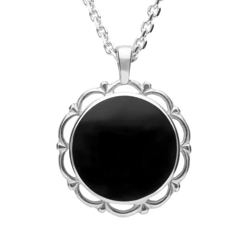 Sterling Silver Whitby Jet Round Frill Pendant Necklace sold by Jura Watches