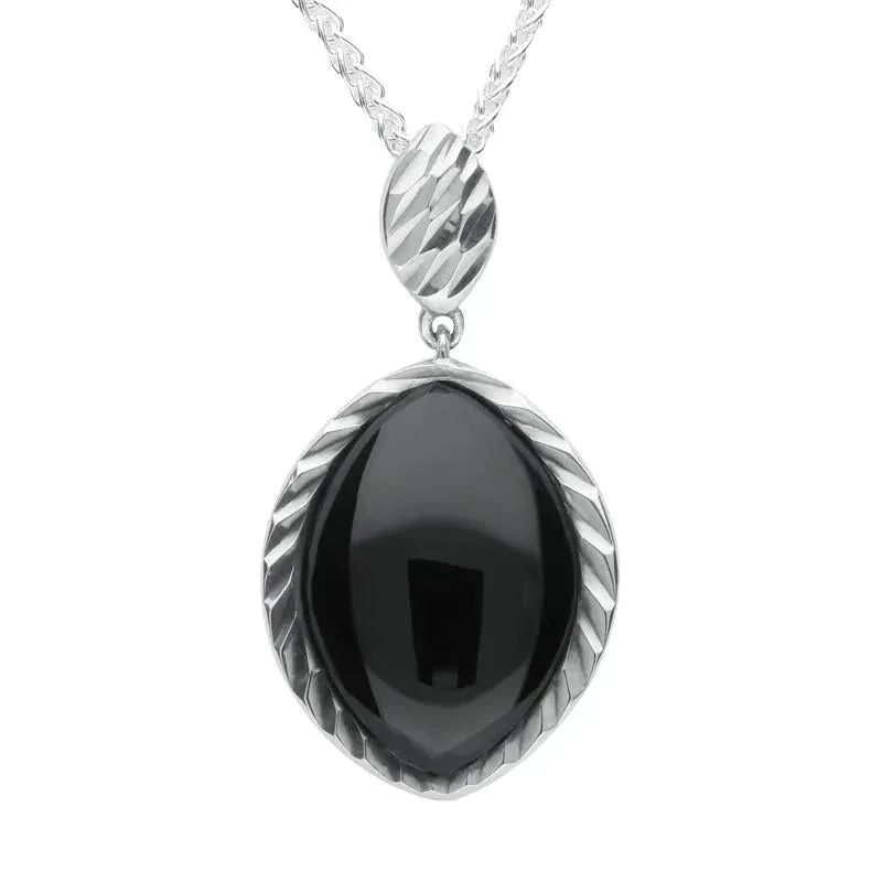 Sterling Silver Whitby Jet Marquise Diamond Cut Pendant Necklace sold by Jura Watches