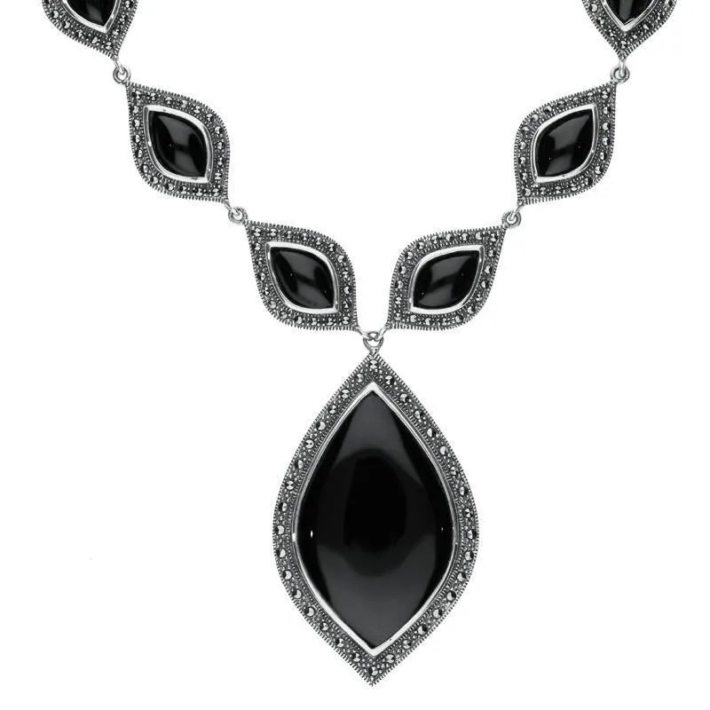 Sterling Silver Whitby Jet Marcasite Seventeen Pear Drop Necklace sold by Jura Watches