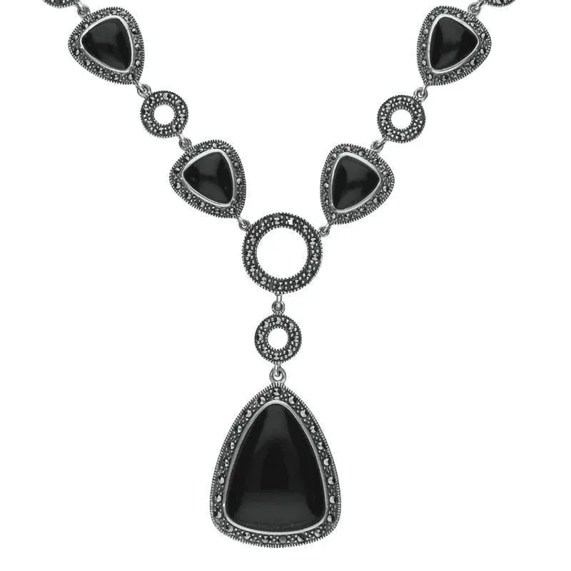 Sterling Silver Whitby Jet Marcasite Triangular Thirteen Stone Necklace sold by Jura Watches