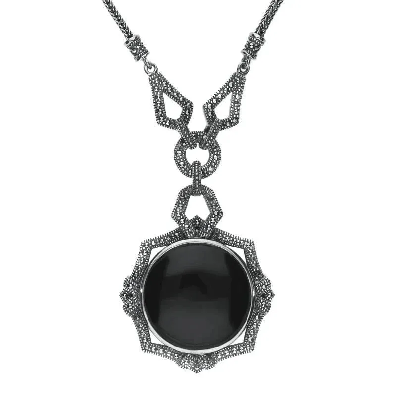 Sterling Silver Whitby Jet Marcasite Ornate Framed Necklace sold by Jura Watches