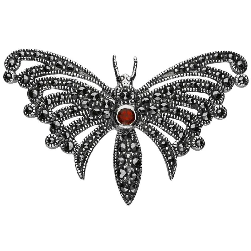 Sterling Silver Marcasite Garnet Style & Fashion Butterfly Brooch sold by Jura Watches