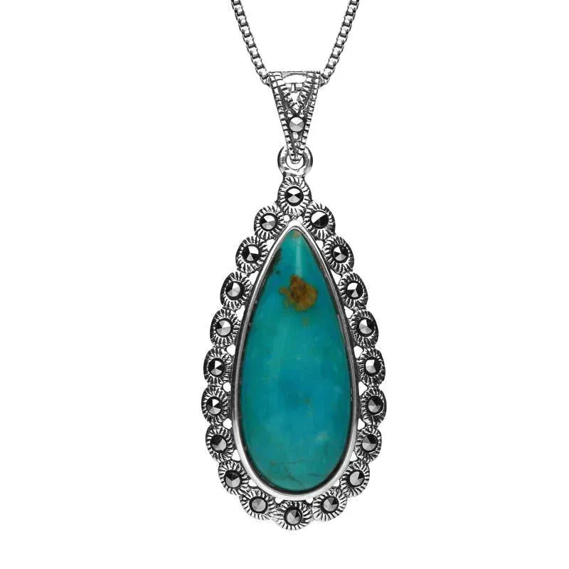 Sterling Silver Turquoise Marcasite Scalloped Edge Pear Necklace sold by Jura Watches