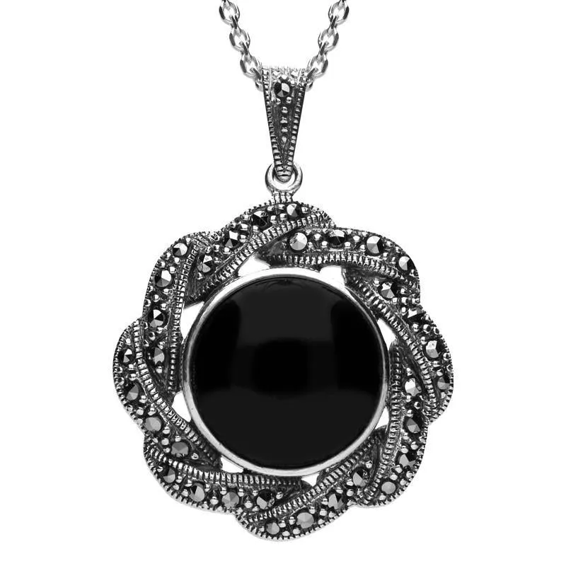 Sterling Silver Whitby Jet Marcasite Ribbon Edge Necklace sold by Jura Watches