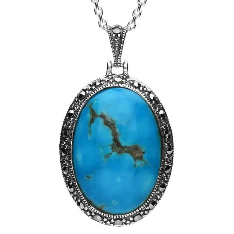 Sterling Silver Turquoise Marcasite Star Back Oval Pendant Necklace sold by Jura Watches