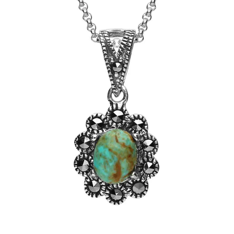 Sterling Silver Turquoise Marcasite Oval Scalloped Edge Necklace sold by Jura Watches