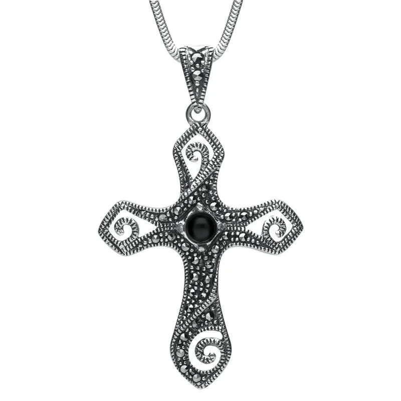 Sterling Silver Whitby Jet Marcasite Swirl Cross Necklace sold by Jura Watches