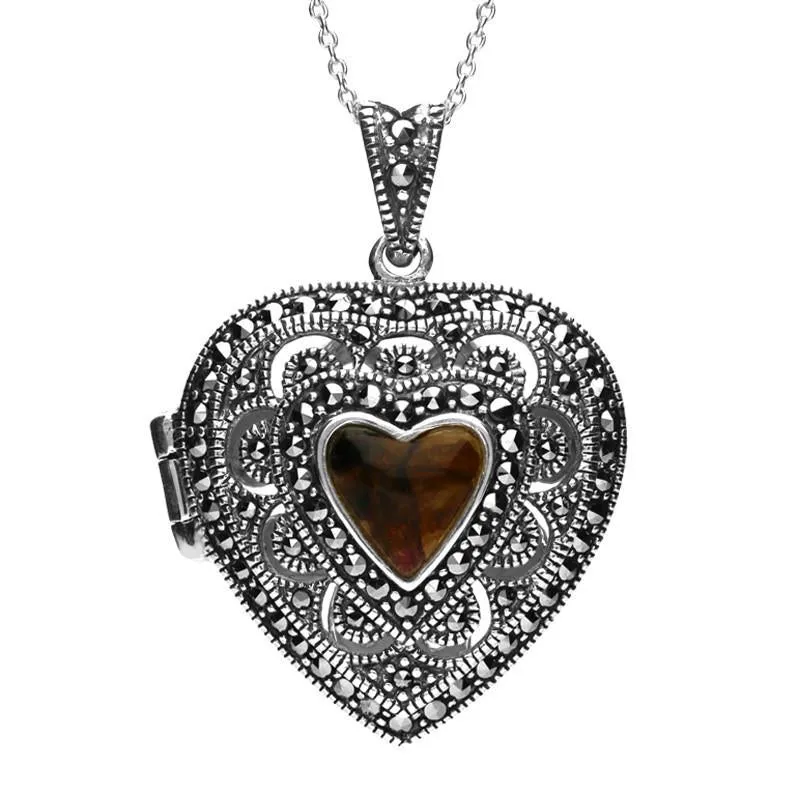 Sterling Silver Blue John Marcasite Heart Shaped Vintage Style Locket Necklace sold by Jura Watches