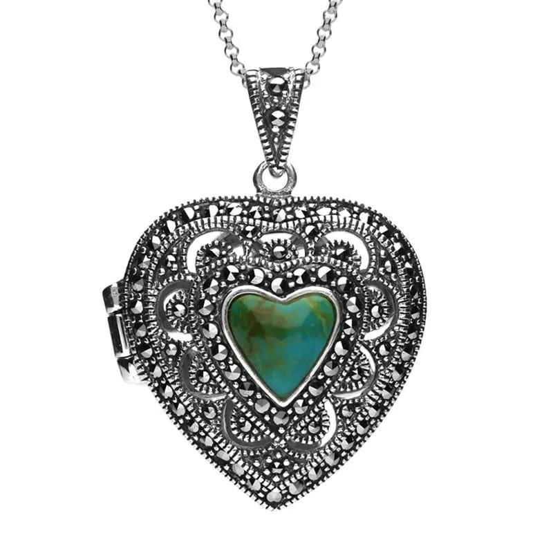 Sterling Silver Turquoise Marcasite Heart Shaped Vintage Style Locket Necklace sold by Jura Watches