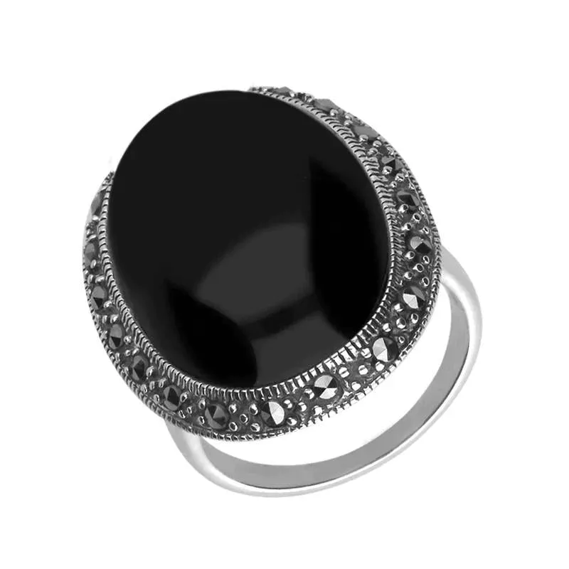 Sterling Silver Whitby Jet Marcasite Large Oval Ring sold by Jura Watches