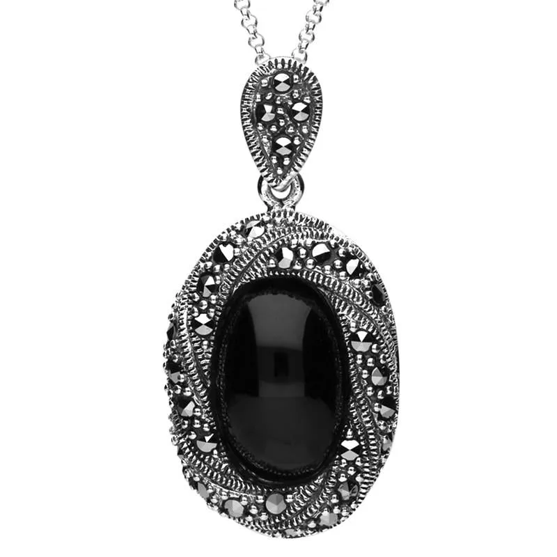 Sterling Silver Whitby Jet Marcasite Twisted Edge Necklace sold by Jura Watches