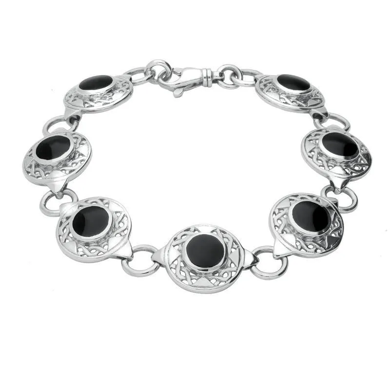Sterling Silver Whitby Jet Seven Stone Round Celtic Bracelet sold by Jura Watches